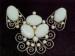 Set White Milk Glass Filigree Pin & Clip on Earrings