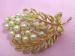 Designer Signed Lisner Faux Pearls & Rhinestones Leaf Brooch