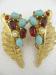 Earrings Red Rhinestones, Faux Turquoise Gold Tone Leaf