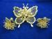 Gold Tone Wire Butterfly & Clear Rhinestone Brooch/Earrings
